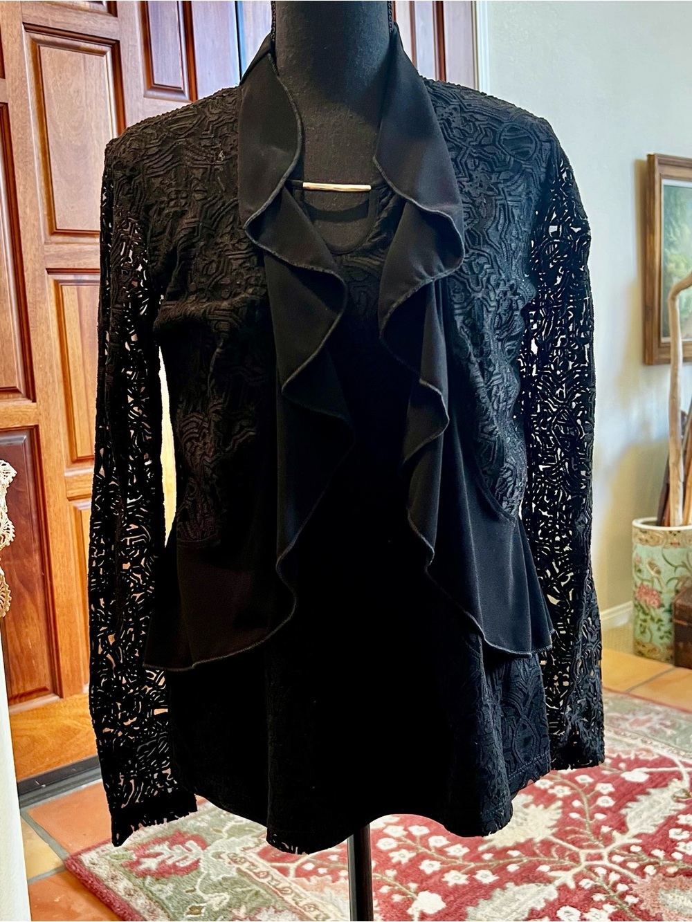 Libra Vintage Ruffled Black Long Sleeved Ladies Cardigan And Top Size SP 2 Piece